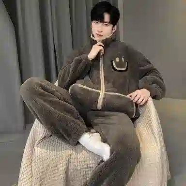 兰缪 珊瑚绒笑脸休闲加厚加绒家居服可外穿睡衣套装 男款 棕色