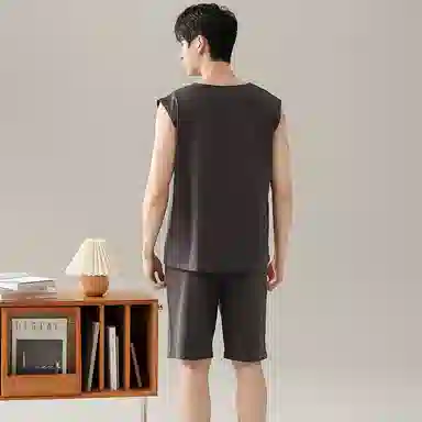兰缪 撞色圆领无袖背心中腰裤子睡衣套装 男款 灰色