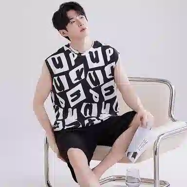 兰缪 撞色圆领无袖背心中腰裤子睡衣套装 男款 灰色