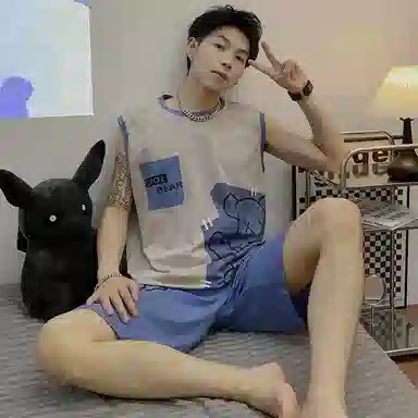 兰缪 撞色圆领无袖背心中腰裤子睡衣套装 男款 灰色