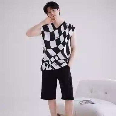 兰缪 撞色圆领无袖背心中腰裤子睡衣套装 男款 灰色