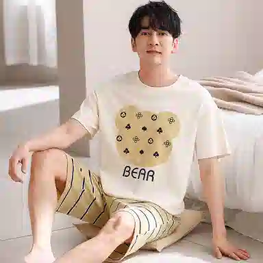 兰缪 卡通印花圆领套头短袖上衣松紧腰短裤睡衣套装 男款 杏色