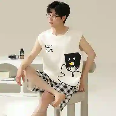 兰缪 撞色圆领无袖背心中腰裤子睡衣套装 男款 灰色