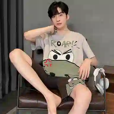 兰缪 卡通恐龙字母印花圆领套头短袖睡衣套装 男款 灰白