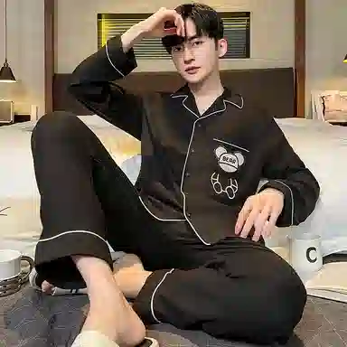 兰缪 卡通印花翻领单排扣长袖睡衣套装 男款 黑色