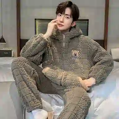 兰缪 秋冬季珊瑚绒睡衣 加厚加绒家居服 家居套装  男款  黑色