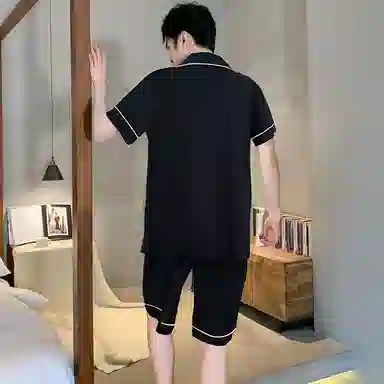兰缪 简约凉感休闲可外穿短袖翻领上衣松紧腰短裤睡衣套装 男款 高级黑