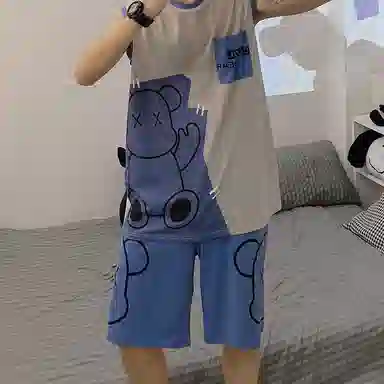 兰缪 撞色圆领无袖背心中腰裤子睡衣套装 男款 灰色