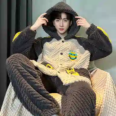 兰缪 秋冬季珊瑚绒睡衣 加厚加绒家居服 家居套装  男款  黑色