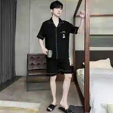 兰缪 简约休闲翻领短袖上衣松紧腰短裤睡衣套装 男款 黑色