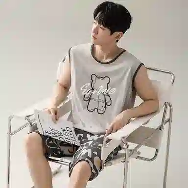 兰缪 撞色圆领无袖背心中腰裤子睡衣套装 男款 灰色