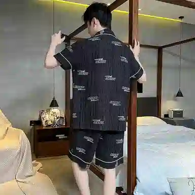 兰缪 简约亲肤舒适柔软透气翻领开衫短袖青少年休闲家居服可外穿短裤睡衣套装 男款 黑色