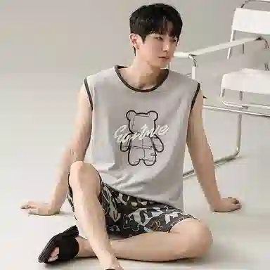 兰缪 撞色圆领无袖背心中腰裤子睡衣套装 男款 灰色