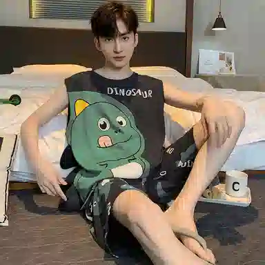 兰缪 撞色圆领无袖背心中腰裤子睡衣套装 男款 灰色