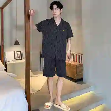 兰缪 时尚休闲单排扣翻领可外穿短袖上衣松紧腰短裤凉感冰丝睡衣套装 男款 黑灰色