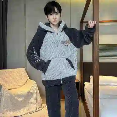 兰缪 秋冬季珊瑚绒睡衣 加厚加绒家居服 家居套装  男款  黑色