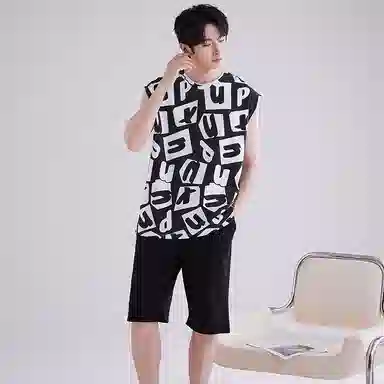 兰缪 撞色圆领无袖背心中腰裤子睡衣套装 男款 灰色