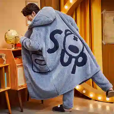 兰缪 秋冬季珊瑚绒男生 睡衣 卡通大象加厚加绒可外穿家居服睡衣套装 男款 黑色