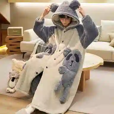 兰缪 秋冬季珊瑚绒男生 睡衣 卡通大象加厚加绒可外穿家居服睡衣套装 男款 黑色