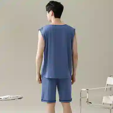 兰缪 撞色圆领无袖背心中腰裤子睡衣套装 男款 灰色