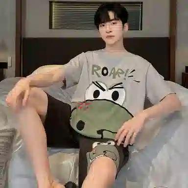 兰缪 卡通恐龙字母印花圆领套头短袖睡衣套装 男款 灰白