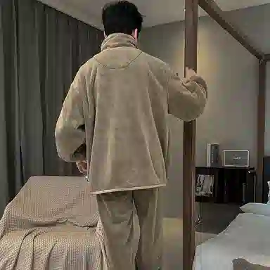 兰缪 秋冬季珊瑚绒男生睡衣 学生宿舍运动休闲加厚加绒家居服可外穿 家居套装  男款  白色