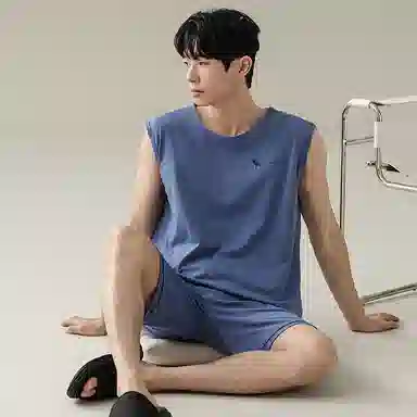 兰缪 撞色圆领无袖背心中腰裤子睡衣套装 男款 灰色