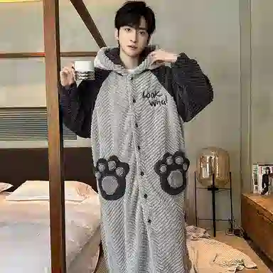 兰缪 秋冬季珊瑚绒男生 睡衣 卡通大象加厚加绒可外穿家居服睡衣套装 男款 黑色