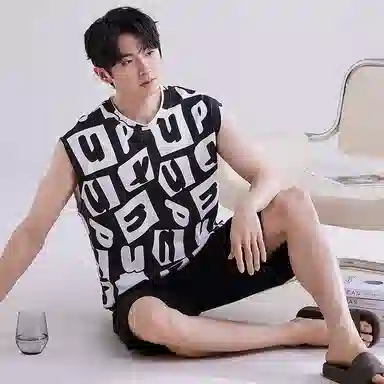 兰缪 撞色圆领无袖背心中腰裤子睡衣套装 男款 灰色