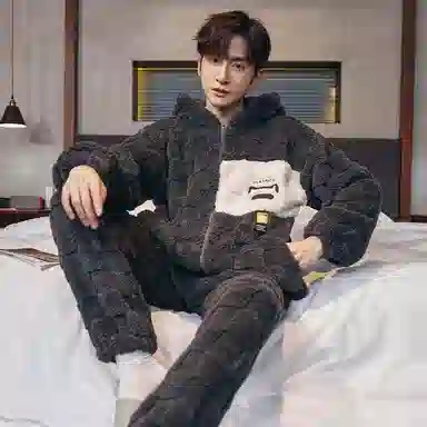 兰缪 秋冬季珊瑚绒睡衣 加厚加绒家居服 家居套装  男款  黑色