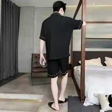 兰缪 简约休闲翻领短袖上衣松紧腰短裤睡衣套装 男款 黑色