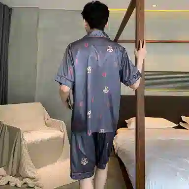 兰缪 休闲字母印花宽松翻领短袖上衣松紧腰短裤睡衣套装 男款 蓝色