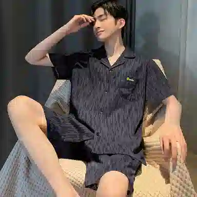 兰缪 时尚休闲单排扣翻领可外穿短袖上衣松紧腰短裤凉感冰丝睡衣套装 男款 黑灰色