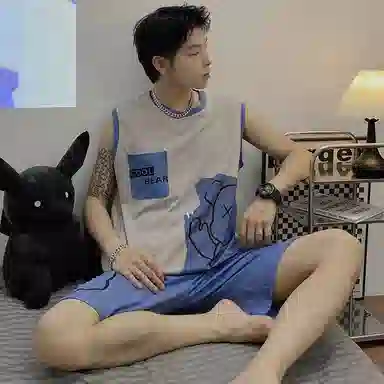 兰缪 撞色圆领无袖背心中腰裤子睡衣套装 男款 灰色