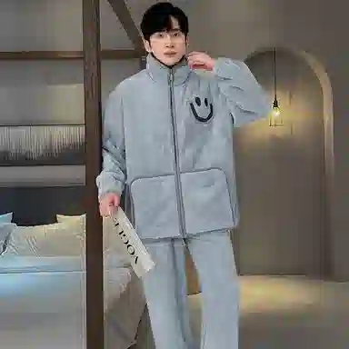 兰缪 秋冬季珊瑚绒男生睡衣 学生宿舍运动休闲加厚加绒家居服可外穿 家居套装  男款  白色