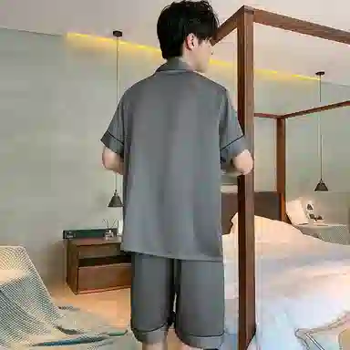 兰缪 简约凉感休闲可外穿短袖翻领上衣松紧腰短裤睡衣套装 男款 高级黑