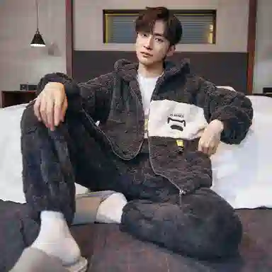 兰缪 秋冬季珊瑚绒睡衣 加厚加绒家居服 家居套装  男款  黑色