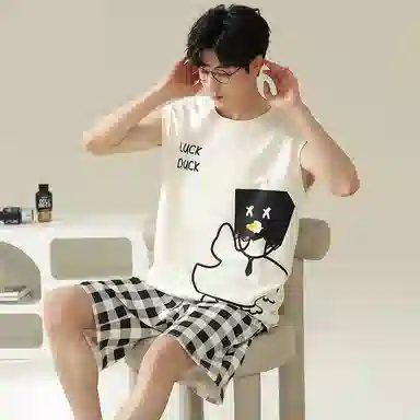 兰缪 撞色圆领无袖背心中腰裤子睡衣套装 男款 灰色