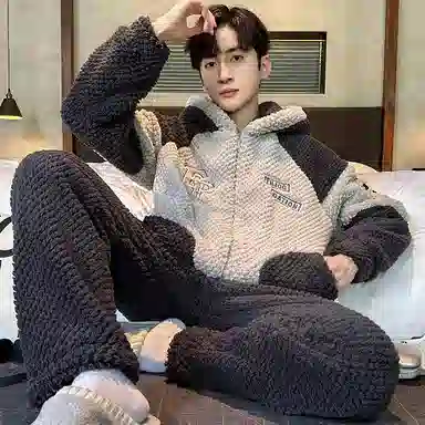 兰缪 秋冬季珊瑚绒睡衣 加厚加绒家居服 家居套装  男款  黑色