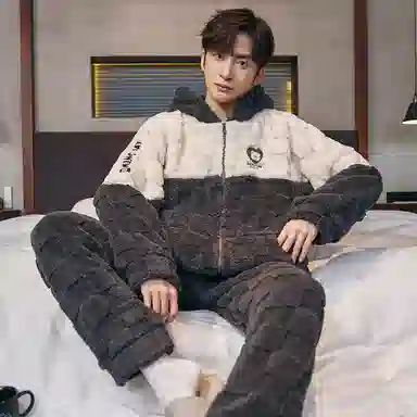 兰缪 秋冬季珊瑚绒睡衣 加厚加绒家居服 家居套装  男款  黑色