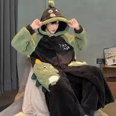 兰缪 秋冬季珊瑚绒男生 睡衣 卡通大象加厚加绒可外穿家居服睡衣套装 男款 黑色