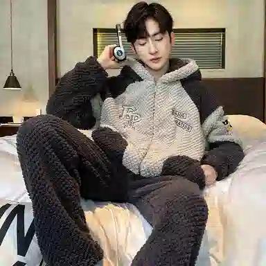 兰缪 秋冬季珊瑚绒睡衣 加厚加绒家居服 家居套装  男款  黑色