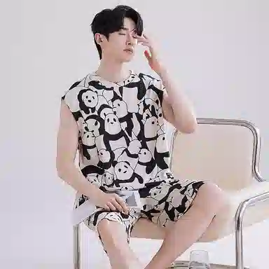 兰缪 撞色圆领无袖背心中腰裤子睡衣套装 男款 灰色