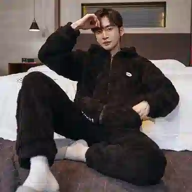 兰缪 秋冬季珊瑚绒睡衣 加厚加绒家居服 家居套装  男款  黑色