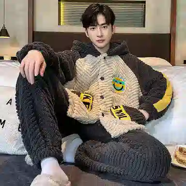 兰缪 秋冬季珊瑚绒睡衣 加厚加绒家居服 家居套装  男款  黑色