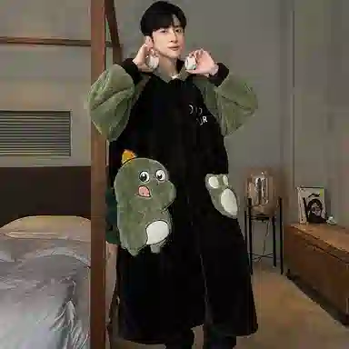 兰缪 秋冬季珊瑚绒男生 睡衣 卡通大象加厚加绒可外穿家居服睡衣套装 男款 黑色