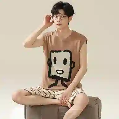 兰缪 撞色圆领无袖背心中腰裤子睡衣套装 男款 灰色