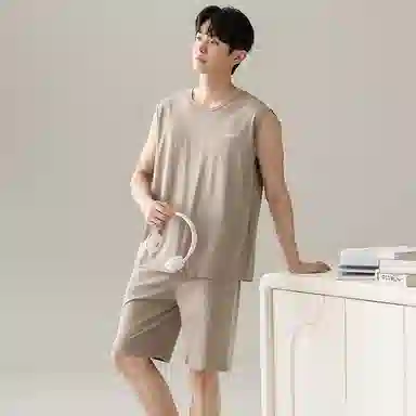 兰缪 撞色圆领无袖背心中腰裤子睡衣套装 男款 灰色