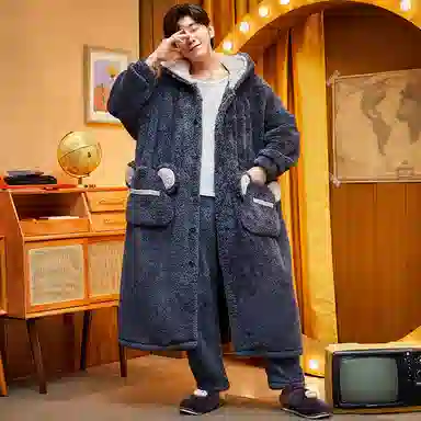 兰缪 秋冬季珊瑚绒男生 睡衣 卡通大象加厚加绒可外穿家居服睡衣套装 男款 黑色