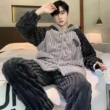 兰缪 秋冬季珊瑚绒睡衣 加厚加绒家居服 家居套装  男款  黑色